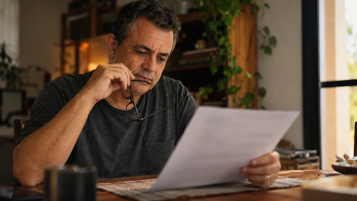 Trabalhador pensativo com os óculos na mão, lendo um documento antes de assinar