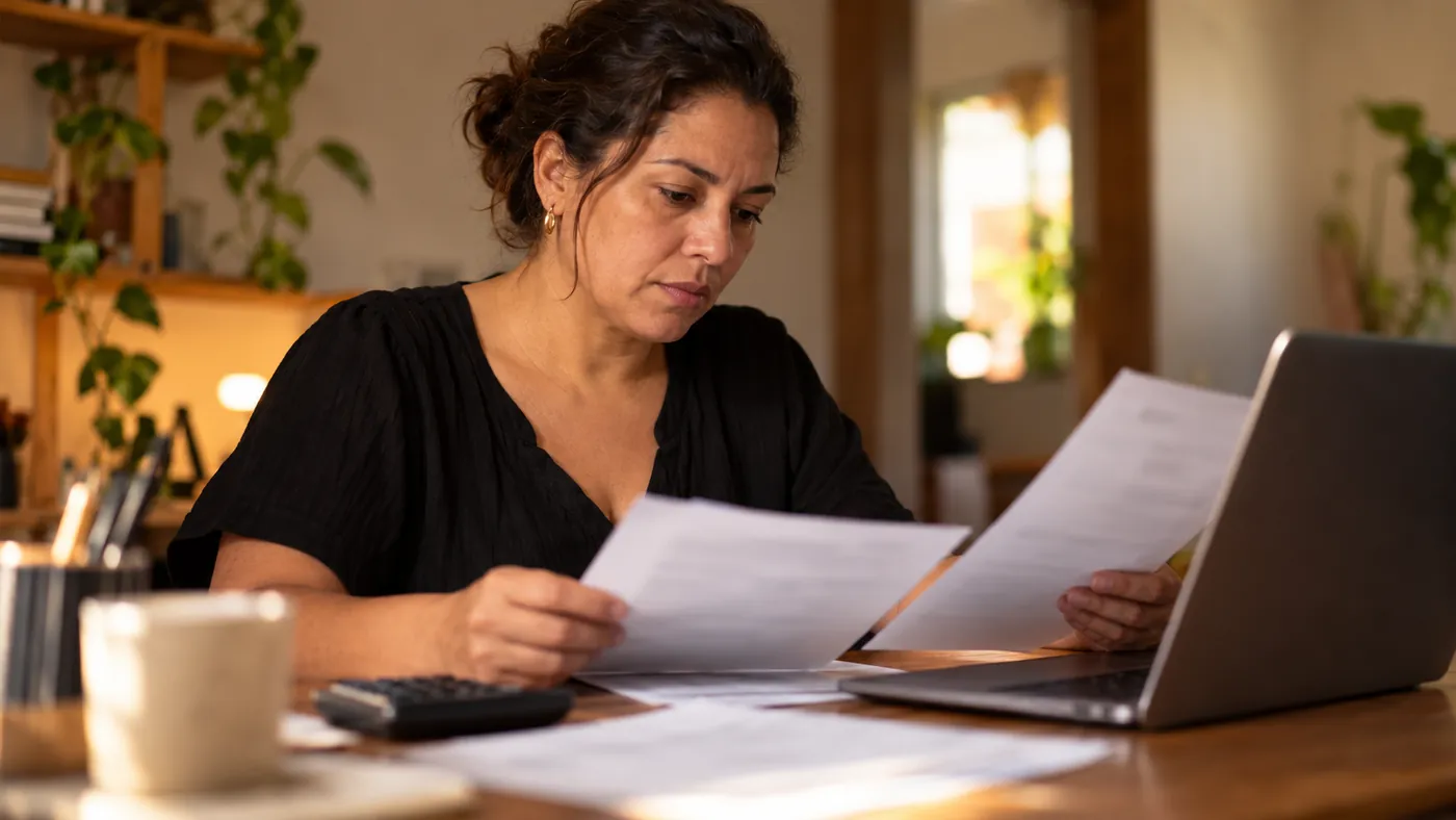 Mulher conferindo documentos e valores com a calculadora