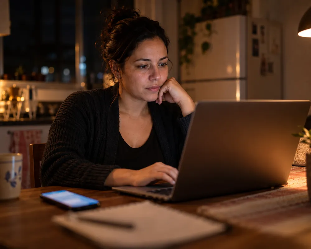 Trabalhadora escrevendo o relato do seu caso no notebook