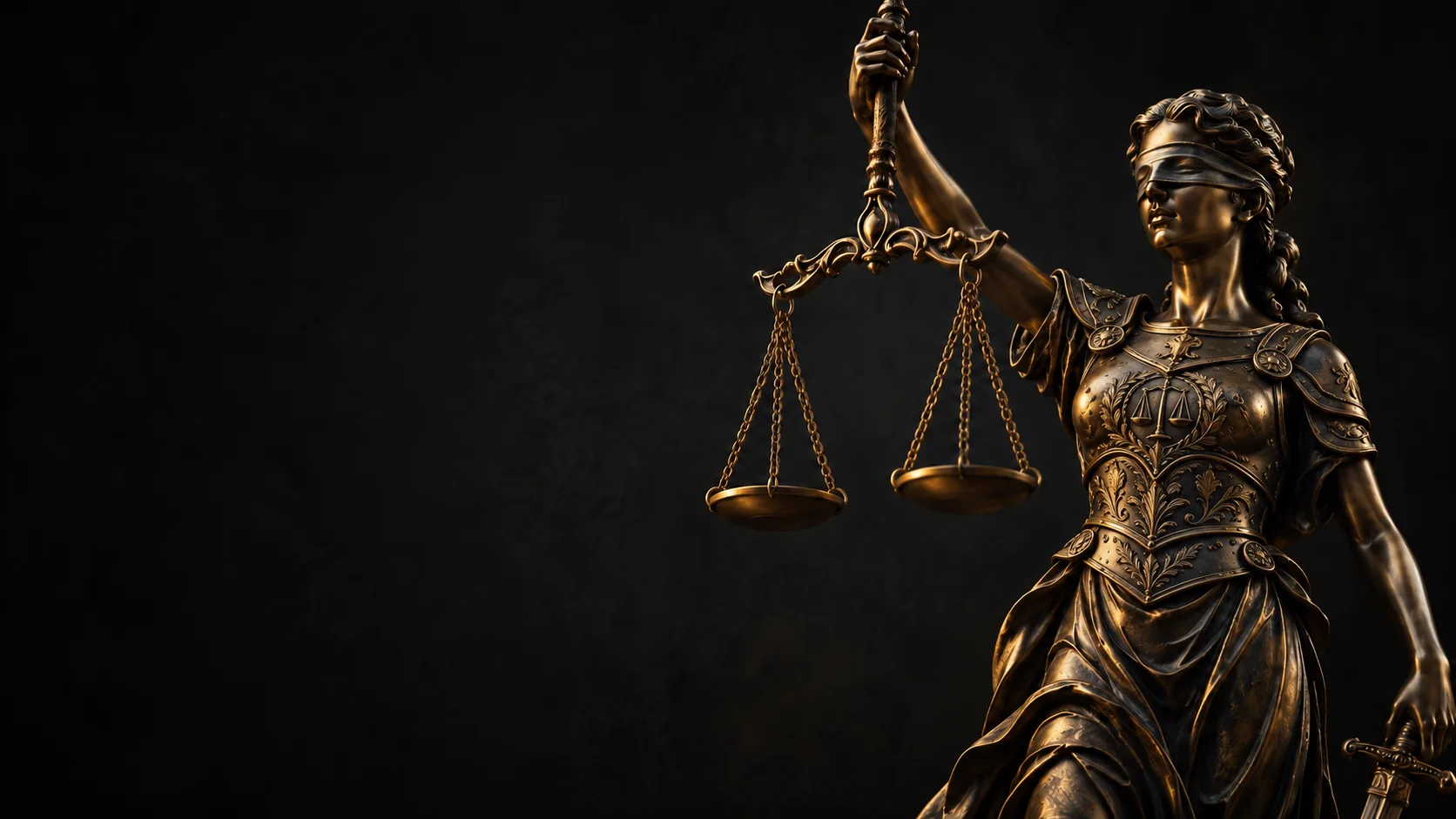 Estátua da Justiça em bronze, de olhos vendados, erguendo a balança com uma mão e segurando a espada com a outra