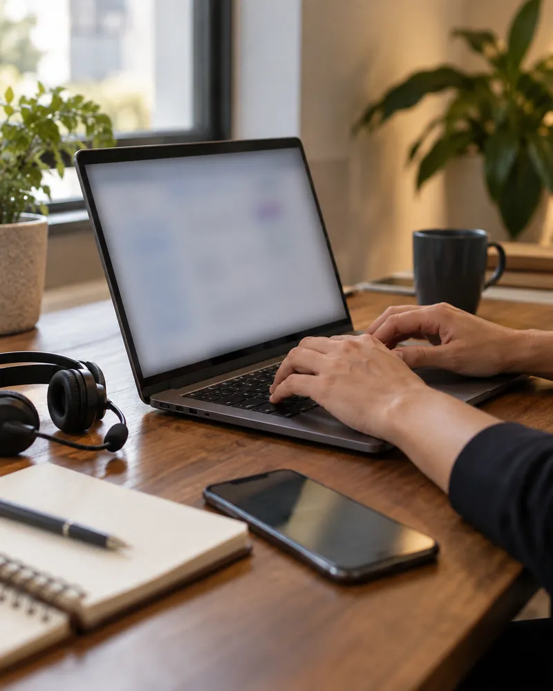 Mesa de atendimento com fone, notebook e celular