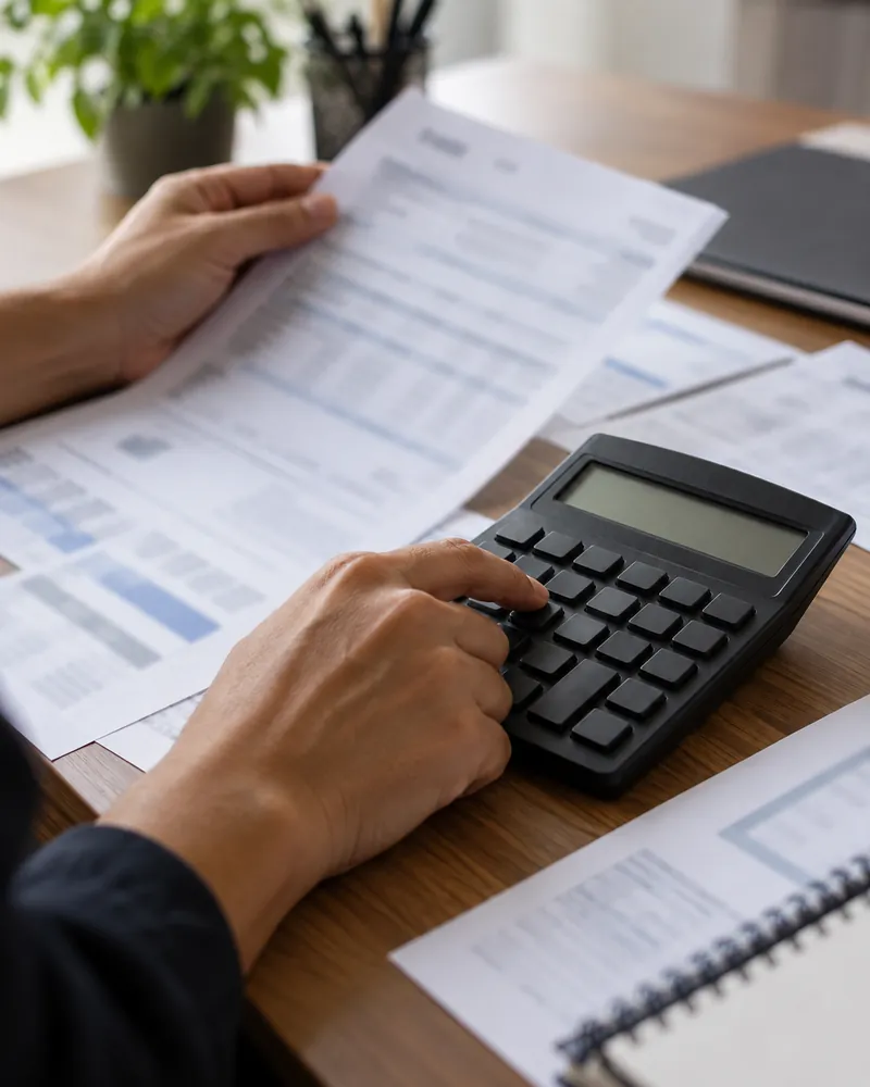 Mãos com calculadora e holerites sobre a mesa