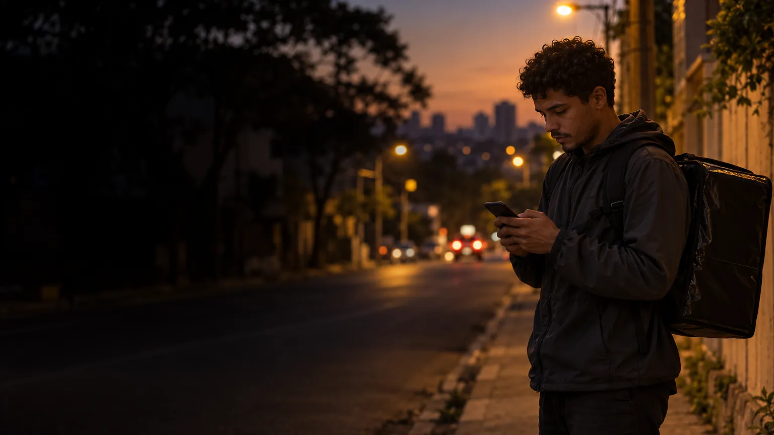 Entregador parado na calçada ao anoitecer, olhando o celular