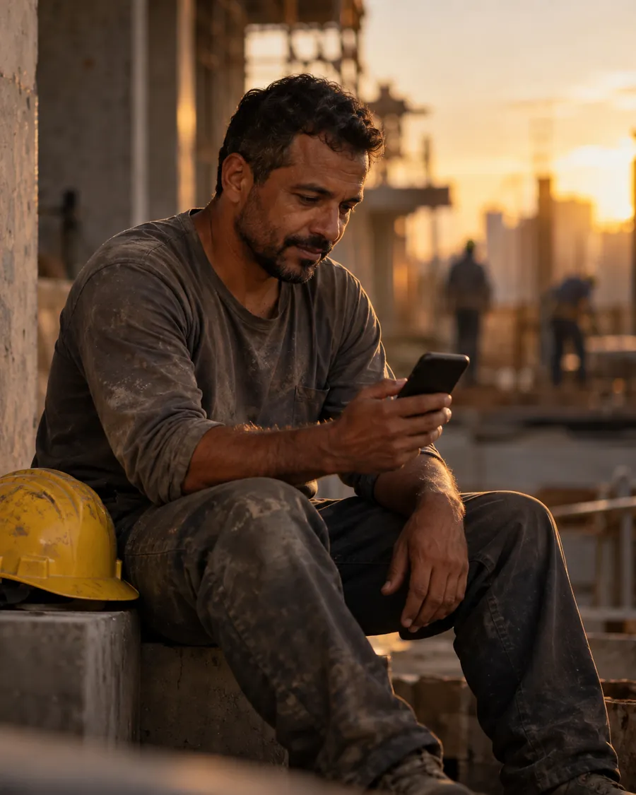 Trabalhador da construção civil olhando o celular no intervalo