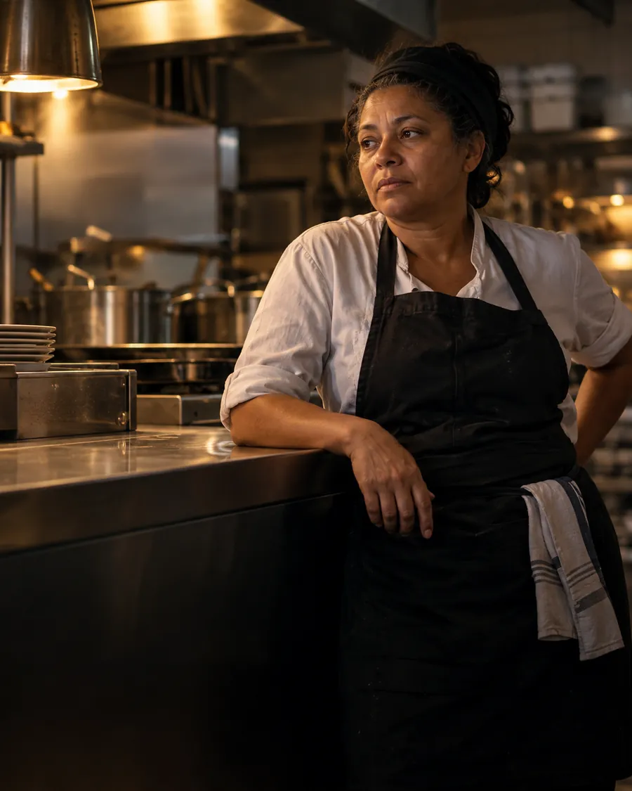 Cozinheira no fim do turno, na cozinha do restaurante