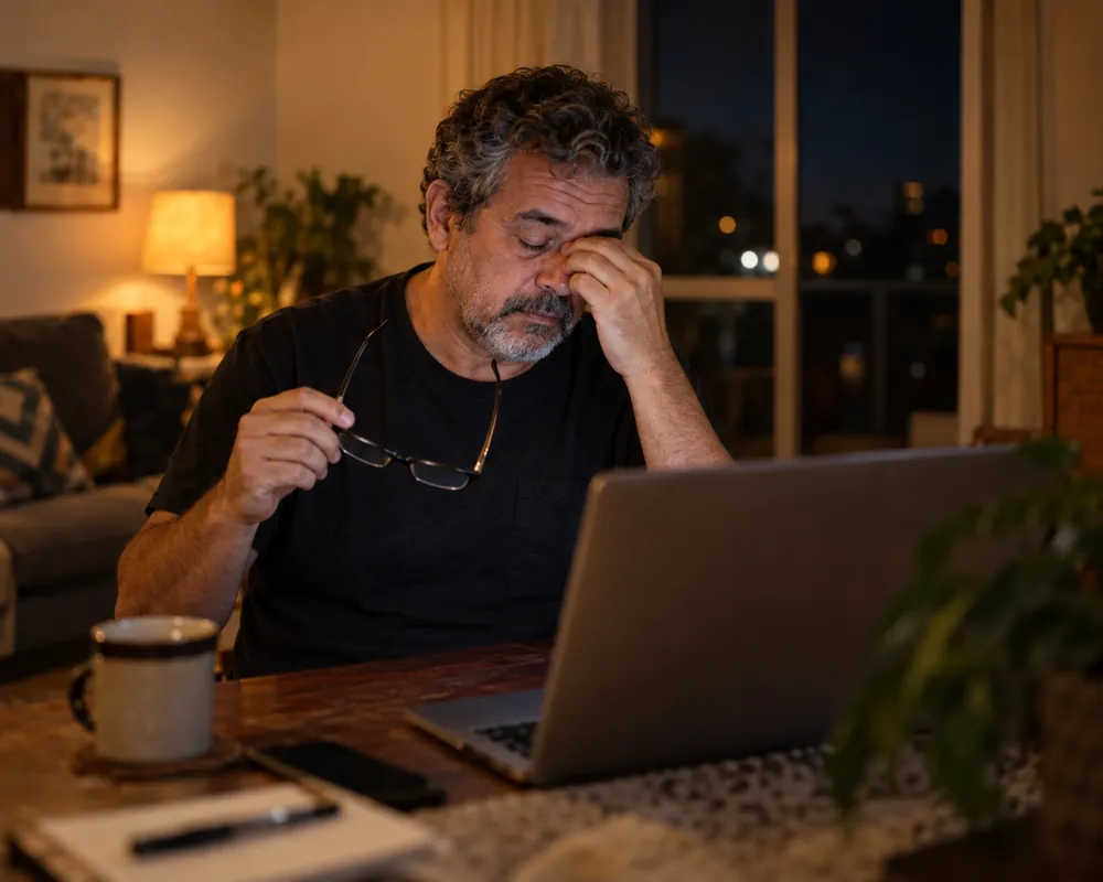 Trabalhador cansado tira os óculos depois de ler sobre os seus direitos