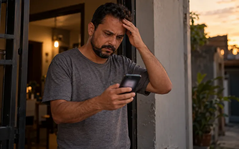 Homem conferindo o extrato no celular na porta de casa