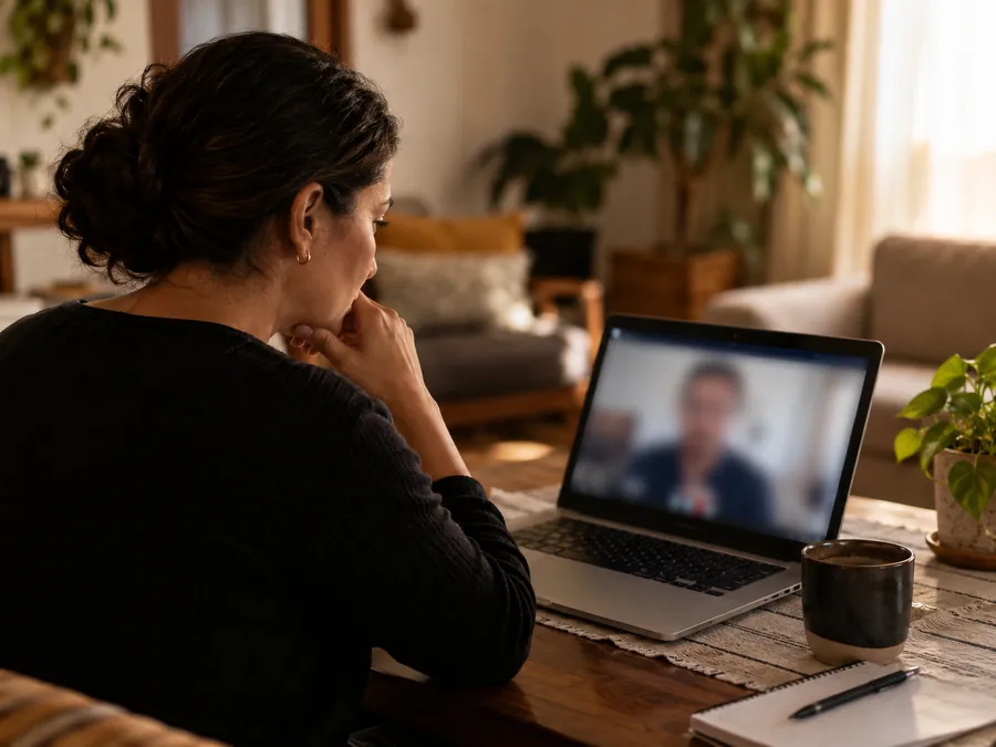 Mulher conversando por videochamada em casa