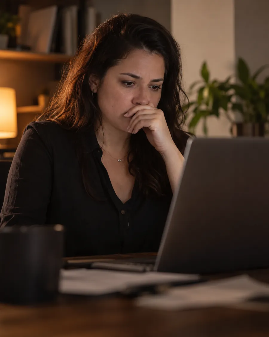 Trabalhadora frustrada diante do notebook depois de receber uma má notícia