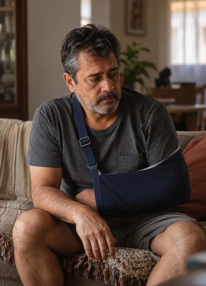 Trabalhador com o braço imobilizado sentado em casa