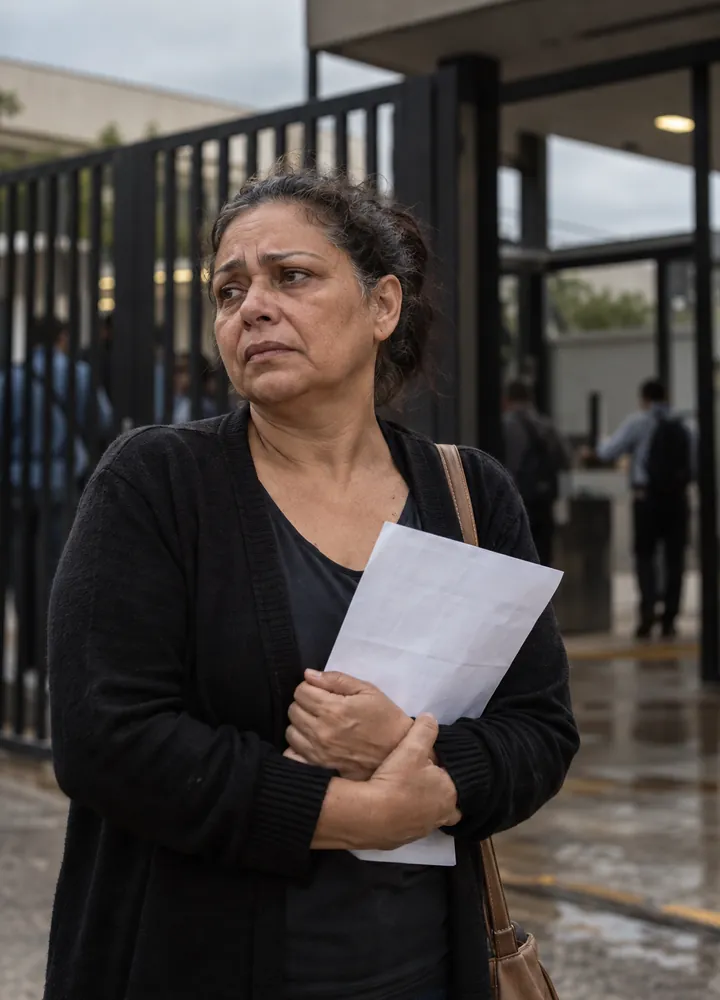 Trabalhadora com um atestado na mão diante da portaria da empresa