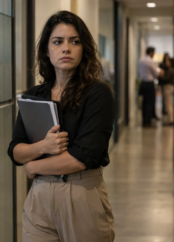 Mulher sozinha no corredor do escritório, constrangida