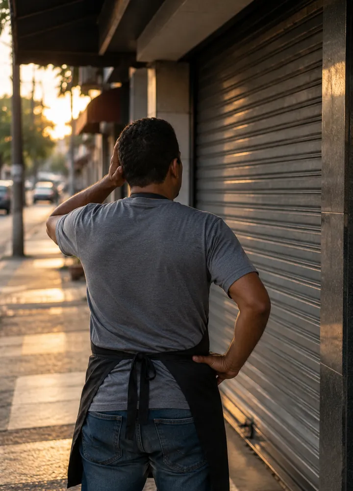 Trabalhador diante da porta fechada da empresa