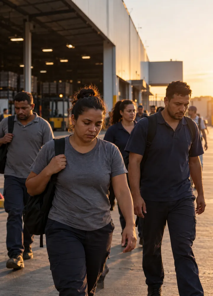 Trabalhadores uniformizados saindo de um centro de distribuição no fim do turno