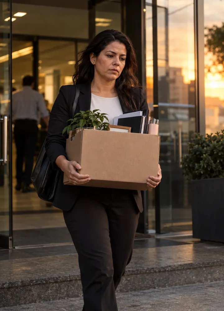 Mulher saindo do prédio da empresa com uma caixa de pertences