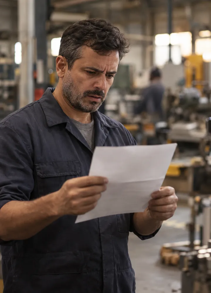 Homem lendo uma carta da empresa, surpreso e indignado