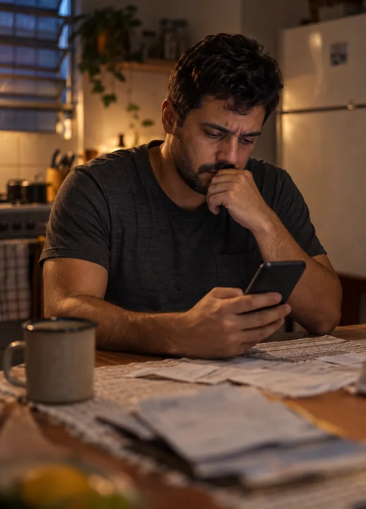Homem olhando o saldo no celular com contas sobre a mesa