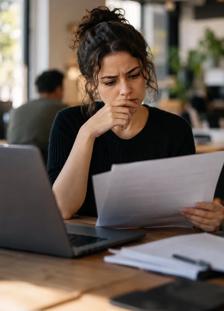 Jovem lendo um contrato com expressão de dúvida, ao lado do notebook