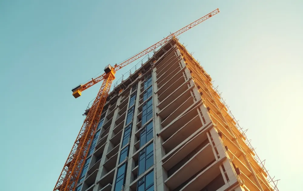 Prédio em construção com andaimes e guindaste